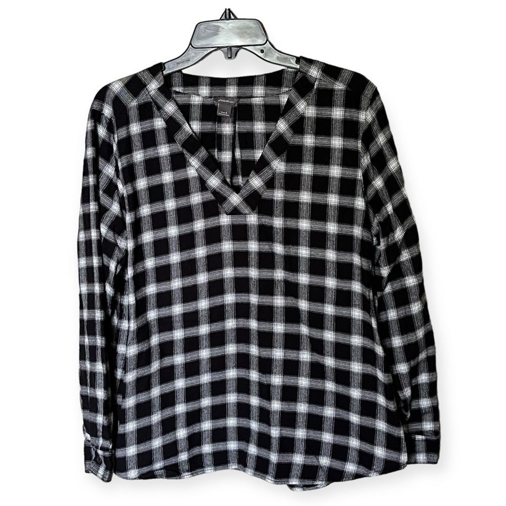 Eddie Bauer Black and White Plaid Flannel Popover Long Sleeve Shirt Size Large